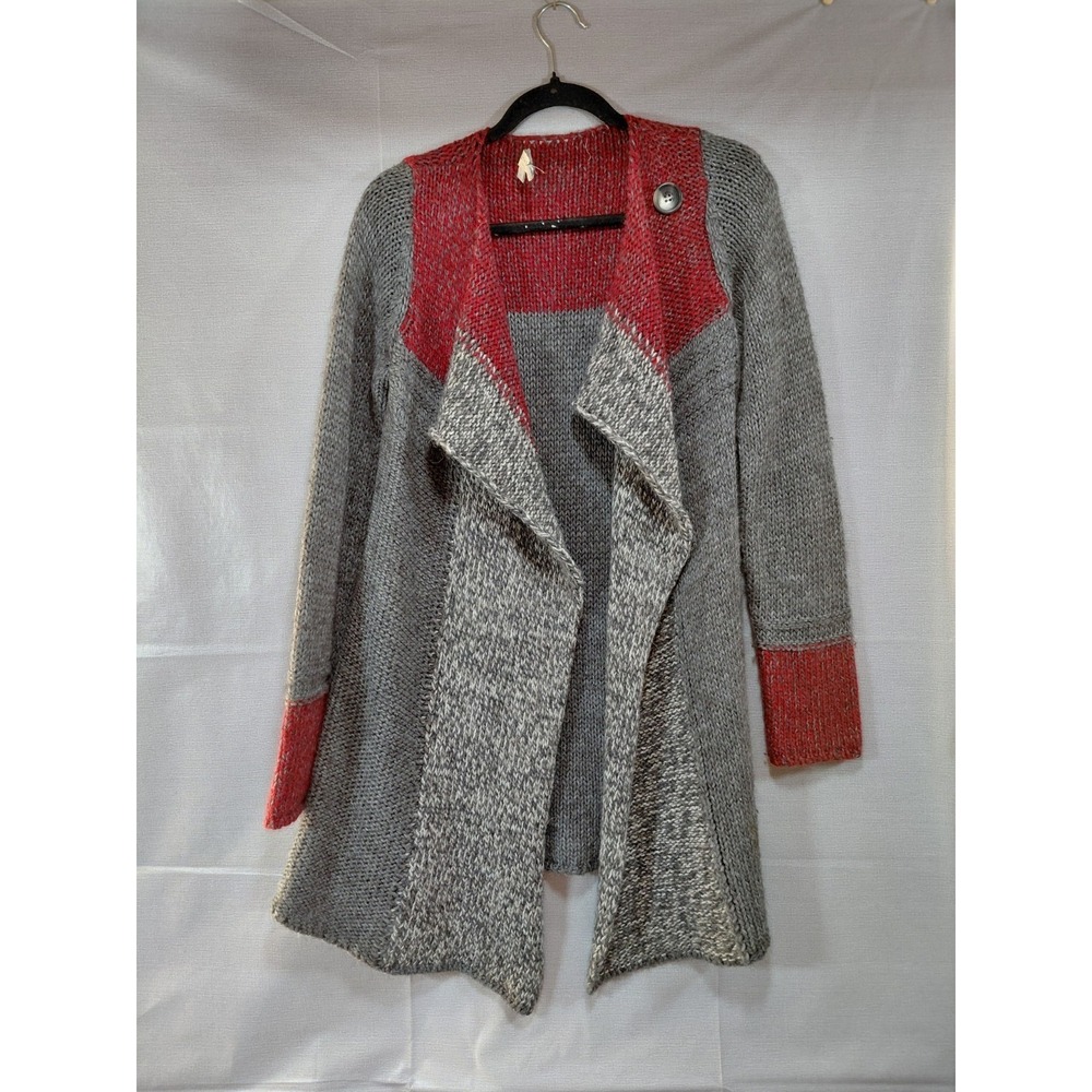 Lineamaglia Knit Open Front Asymmetric Long Cardigan‎ Med Gray Red